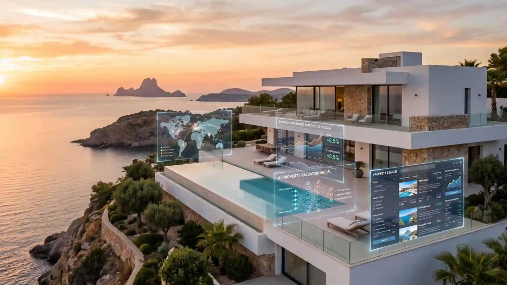 Redaktionelles Bild zeitgenössischer Architektur auf Ibiza mit subtilen Datenebenen, internationaler Konnektivität und technologischer Innovation.