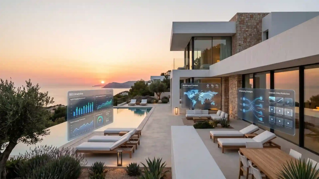 Ibiza villa with discreet interfaces for property content, audiovisual production, marketing analysis and international distribution.