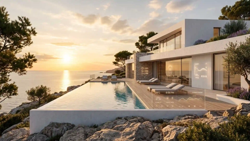 Editorial image of a property adviser and a contemporary Ibiza villa with subtle digital interfaces.