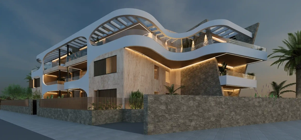 Außenansicht der Ibiza Elegance Residences in Jesús mit Terrassen und Gemeinschaftspool.