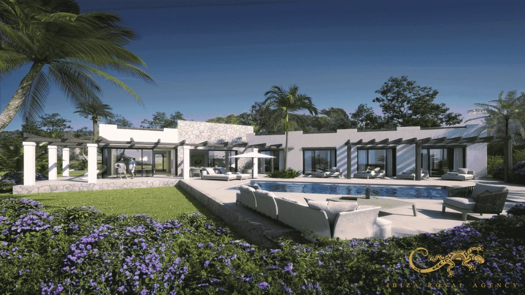 Mediterranean garden and private grounds of a luxury villa in Ibiza.