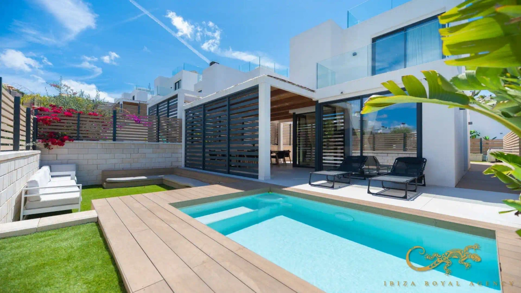 Contemporary luxury villa in Ibiza with a private pool and landscaped garden requiring regular maintenance.