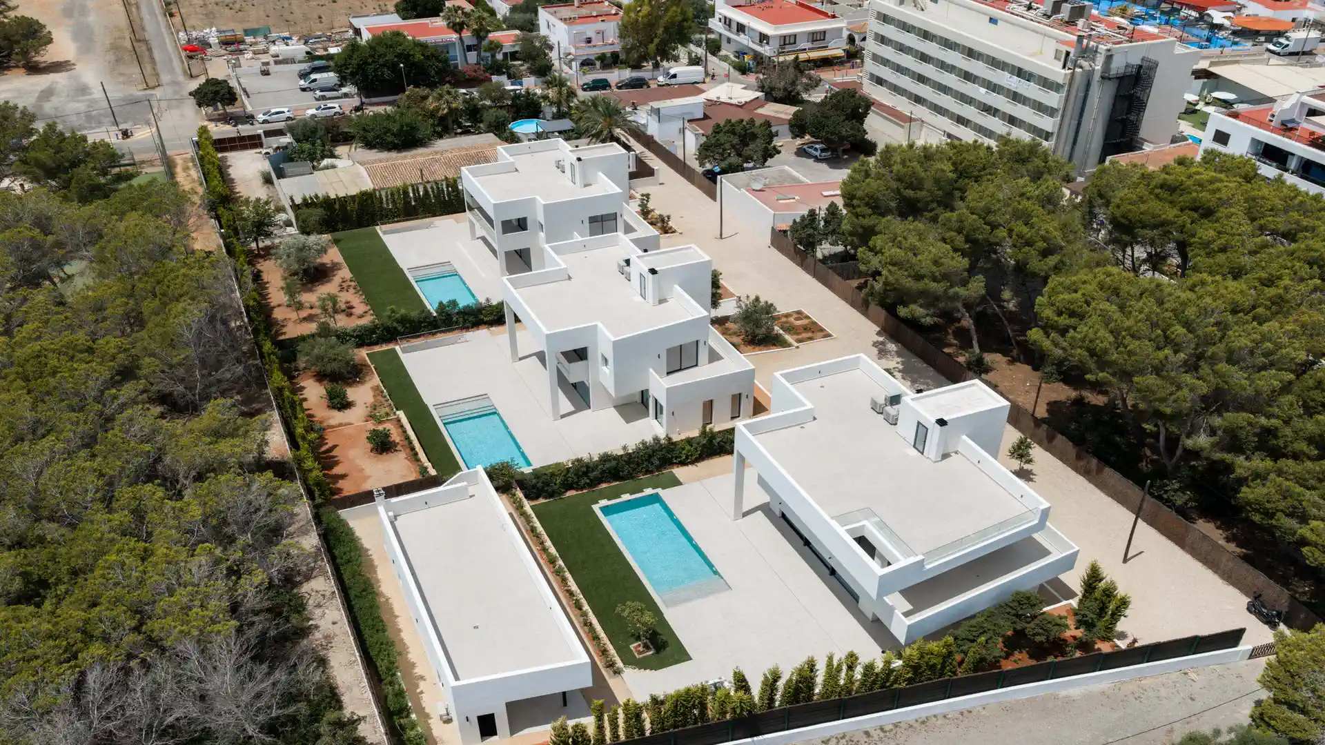 Luxury villa in Cala Martina viewed from the air near the sea